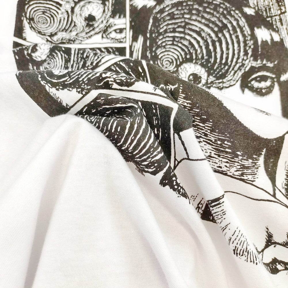 Japanese Horror Manga Graphic T-Shirt White Cotton Tee with Creepy Uzumaki Style Print